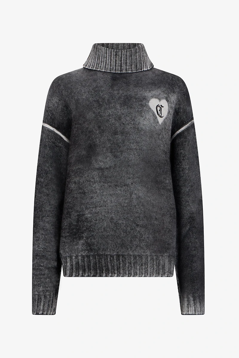 Grey Turtleneck Sweater With Heart Logo