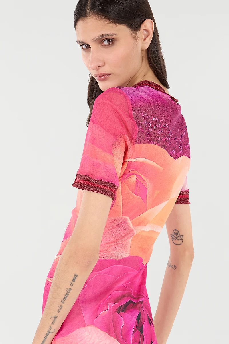 Short Rose-Print Dress With Glittery Trims