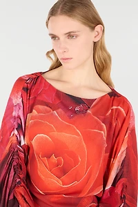 Sweater With Gathered Sleeves And Rose Print