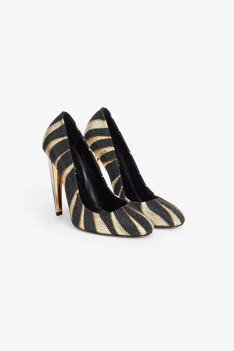 Print Satin Pumps with Rhinestones