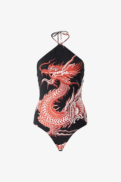 Bodysuit With Dragon, Flowers And Fans
