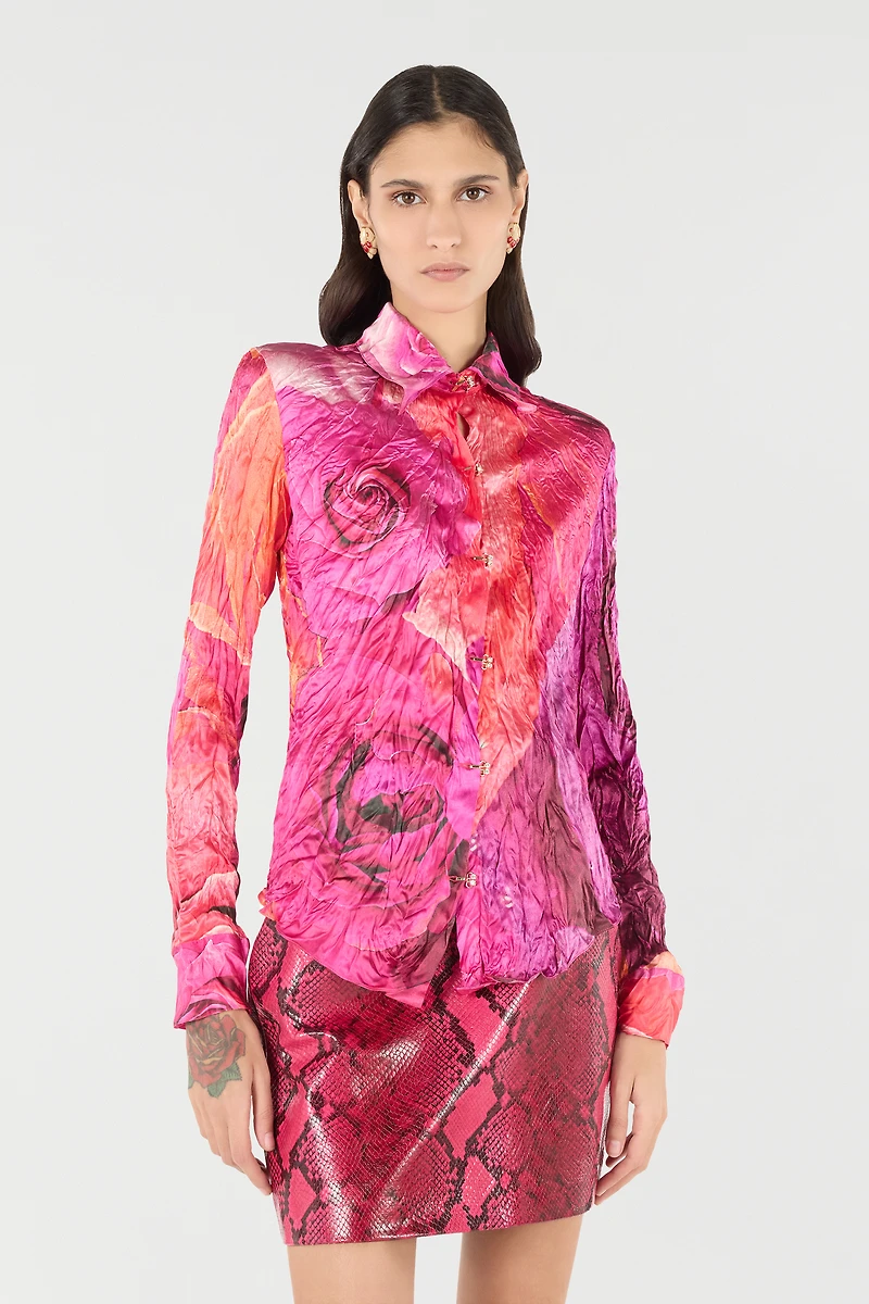 Shirt With Bejeweled Buttons And Rose Print