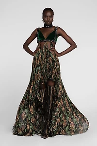 Patterned pleated maxi dress