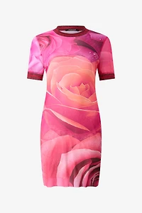 Short Rose-Print Dress With Glittery Trims