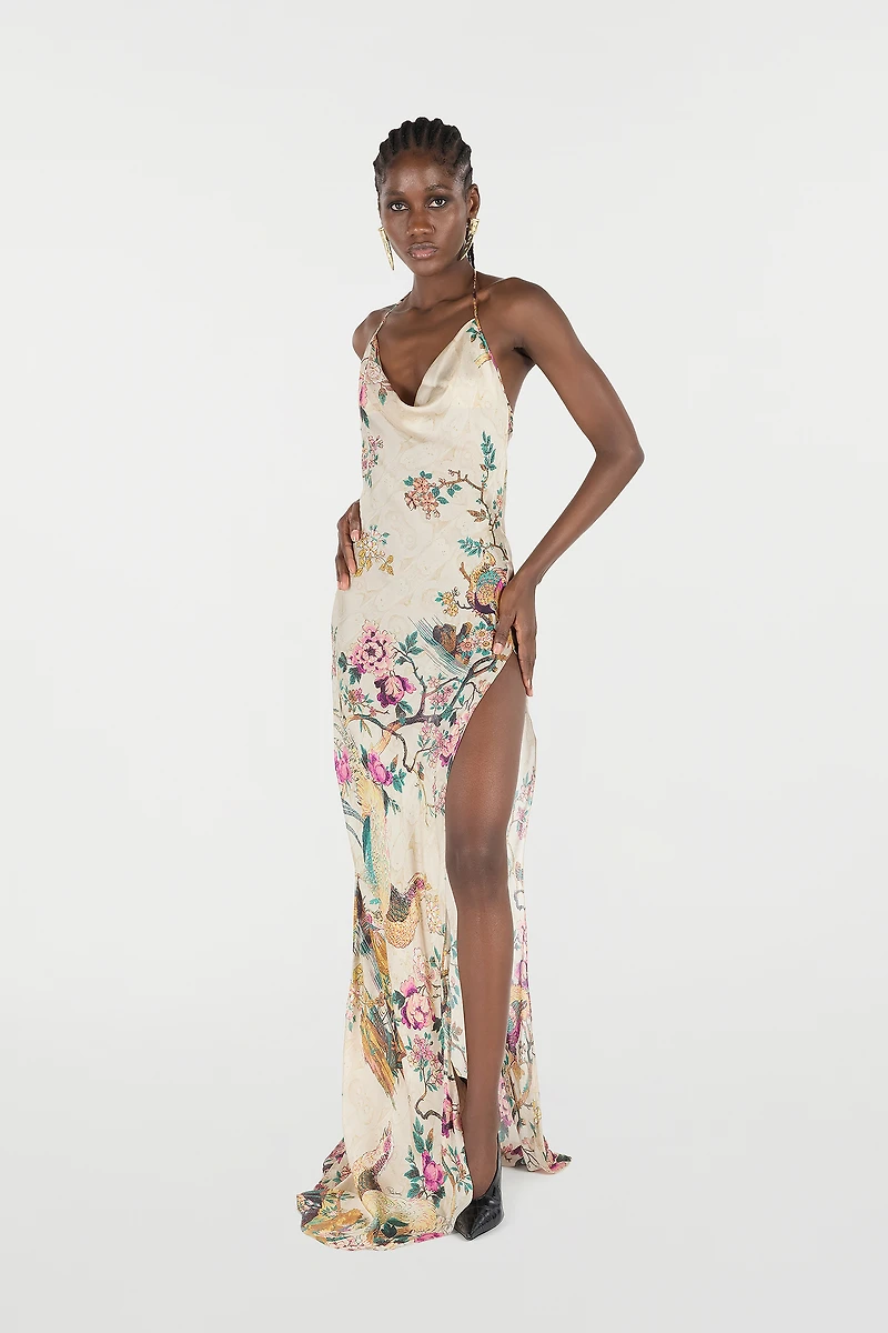Extra-Long Pure Silk Dress With Oriental Bird Print