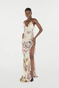 Extra-Long Pure Silk Dress With Oriental Bird Print