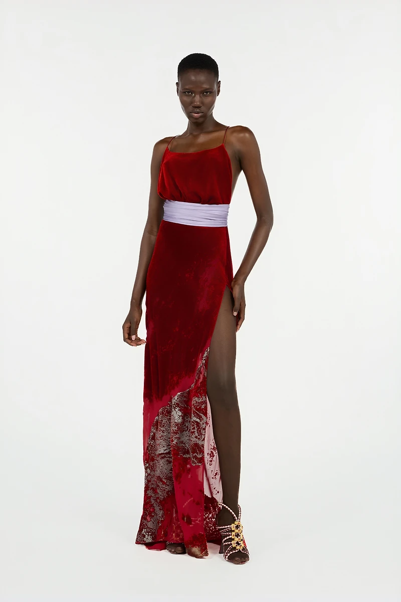 Long Dark Red Dress With Marine Print
