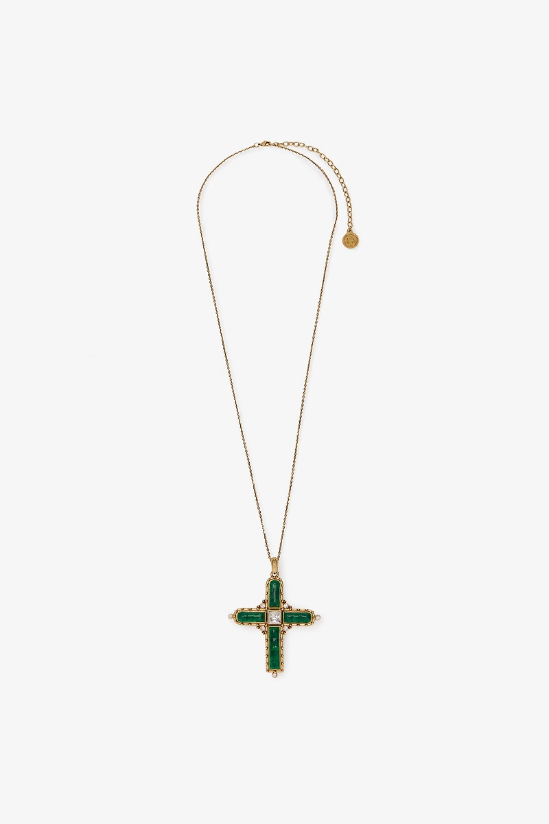 Green Jewelled Cross Necklace