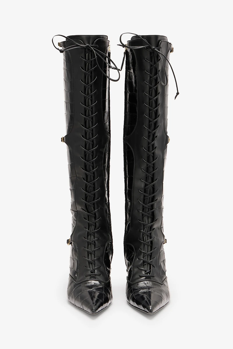 Pointed Lace-Up Boots With Crocodile Effect