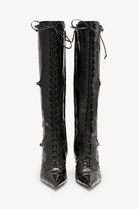 Pointed Lace-Up Boots With Crocodile Effect