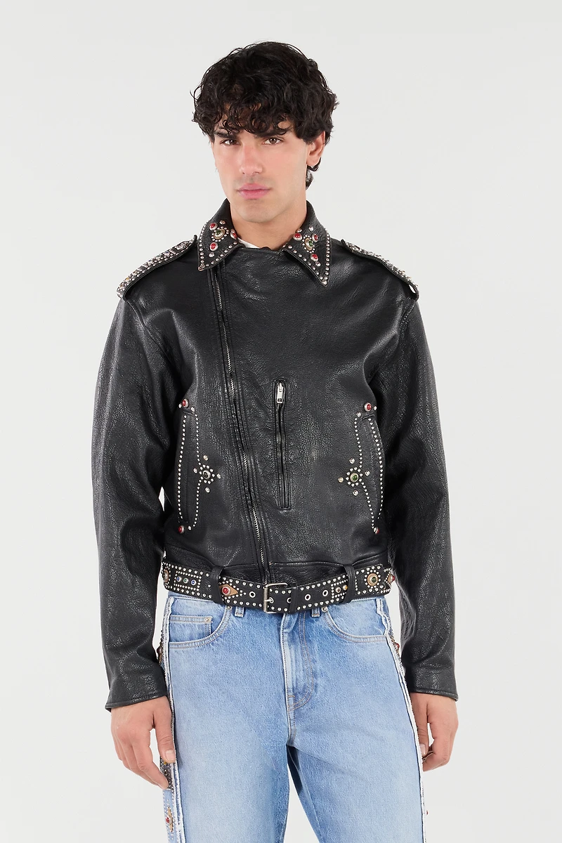 Leather Biker Jacket With Studs And Stones