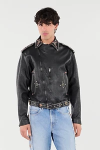 Leather Biker Jacket With Studs And Stones