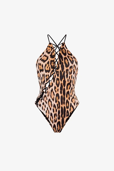 Cheetah-print lace-up swimsuit
