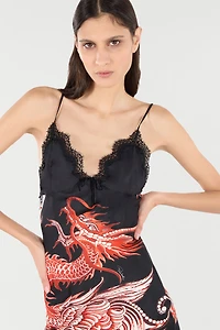 Silk Mini Dress With Dragon And Ruches