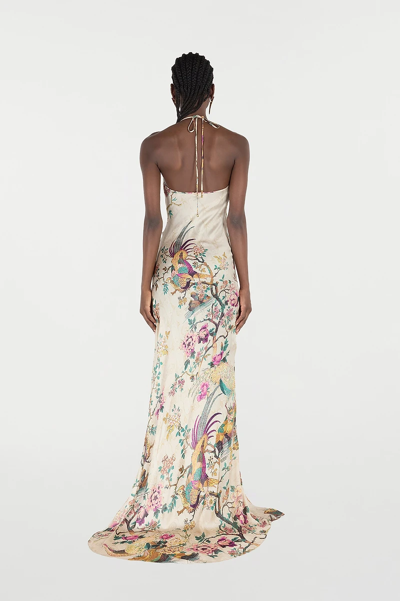 Extra-Long Pure Silk Dress With Oriental Bird Print