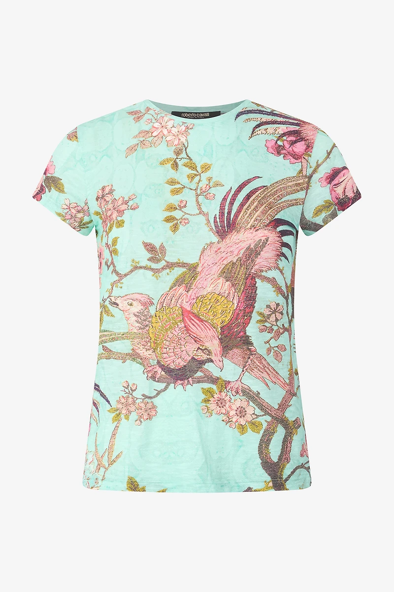 T-Shirt With Oriental Bird Print