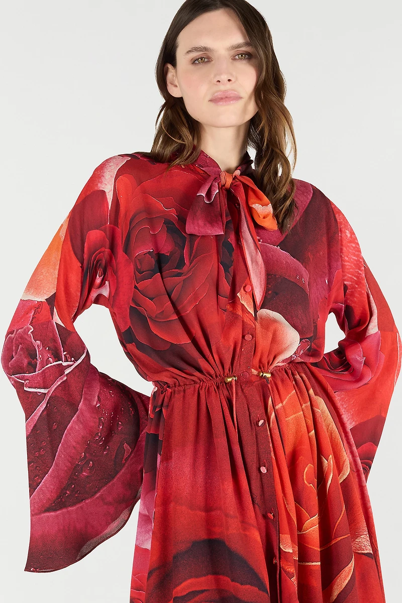 Rose-Print Mini Dress With Pussy-Bow