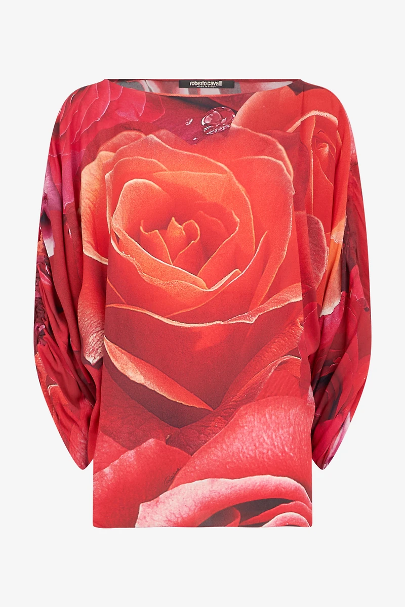 Sweater With Gathered Sleeves And Rose Print