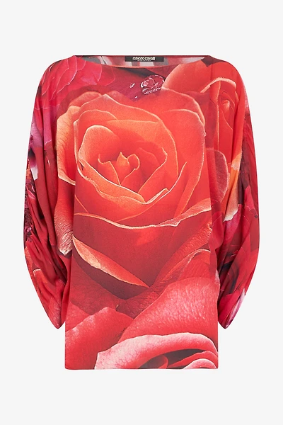 Sweater With Gathered Sleeves And Rose Print