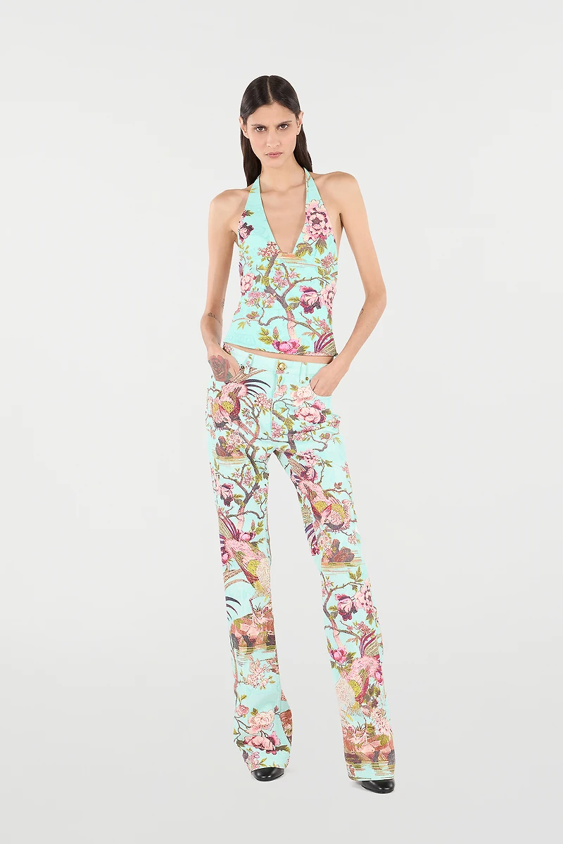 Pants With Oriental Bird Print