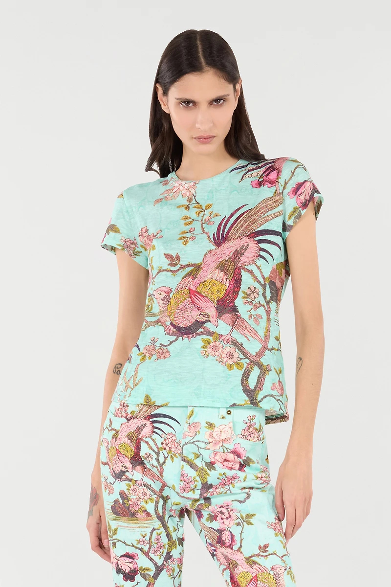 T-Shirt With Oriental Bird Print