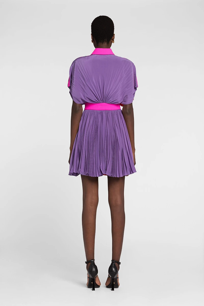 Colourblock Pleated Silk Mini Dress