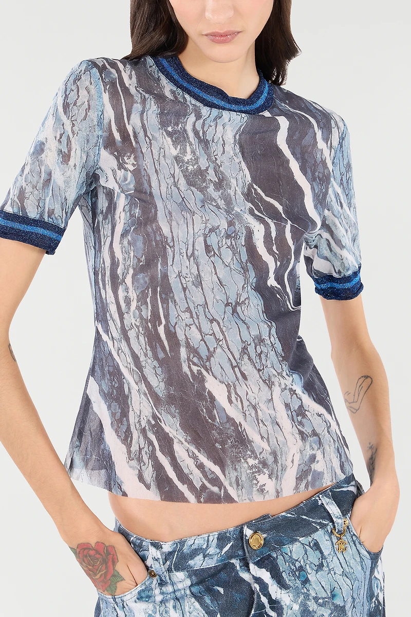 Marble-Print T-Shirt With Glittery Trims