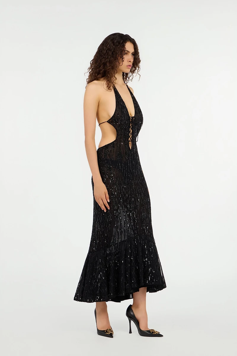 Long fitted dress with sequins and cut-out