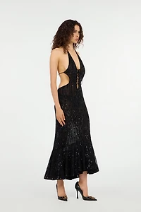 Long fitted dress with sequins and cut-out