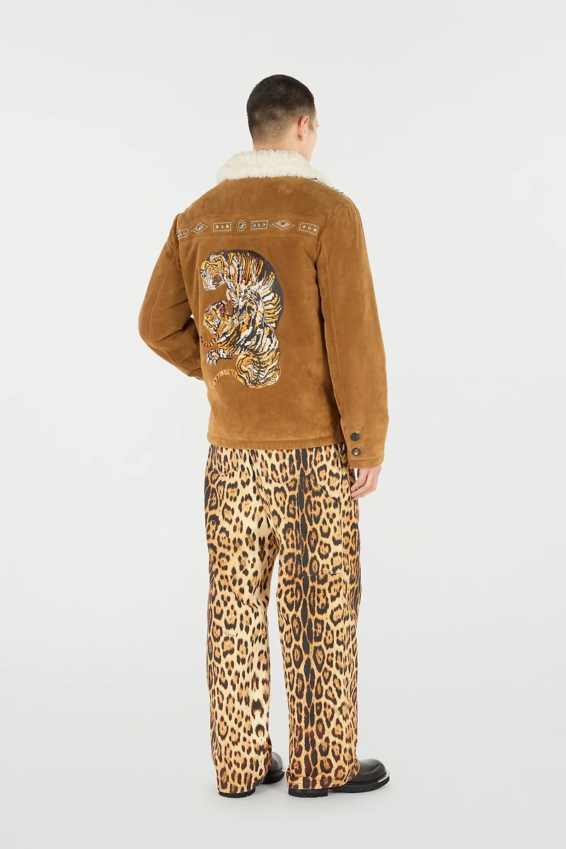 Suede Leather Jacket With Flowers And Tigers
