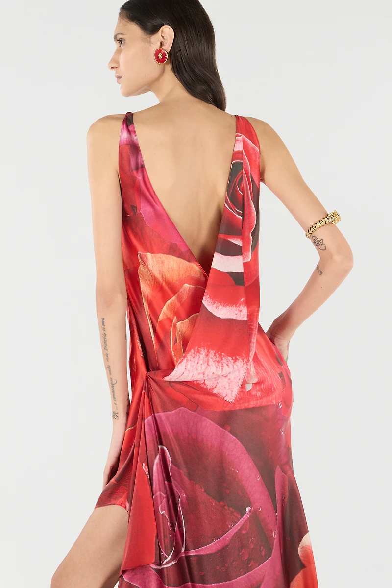 Dress With Asymmetric Skirt And Rose Print