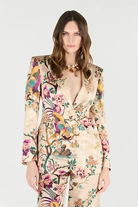 Silk Blazer With Oriental Bird Print