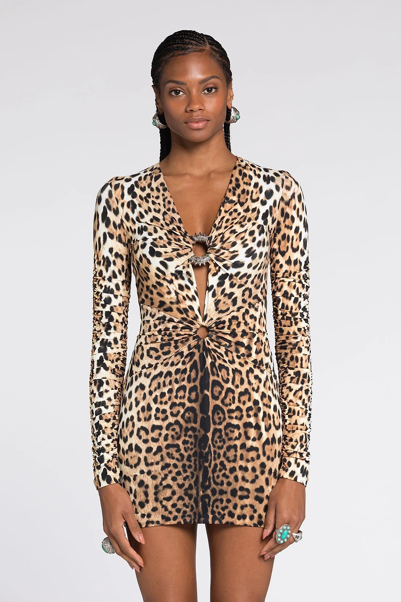 Leopard-Print Cut-Out Mini Dress