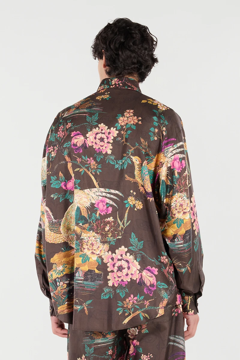 Silk Shirt With Oriental Bird Print