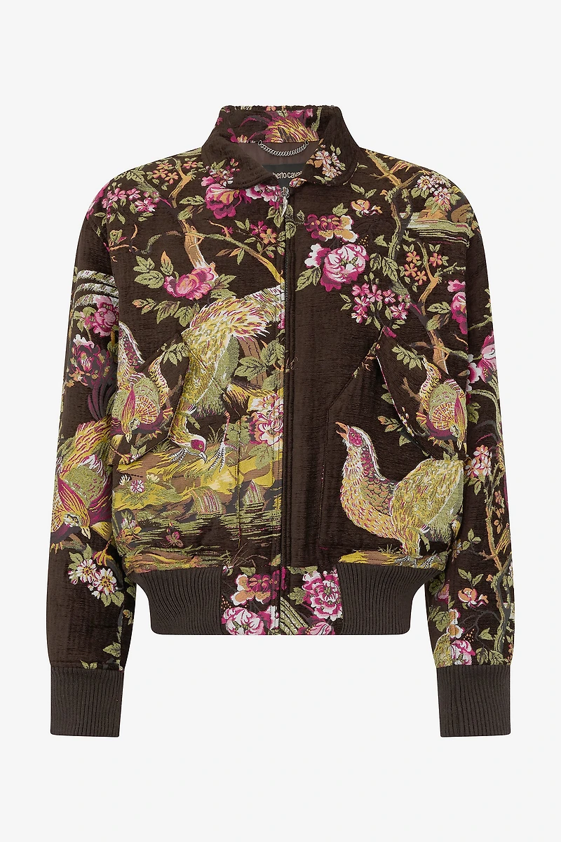 Bomber Jacket With Oriental Bird Print