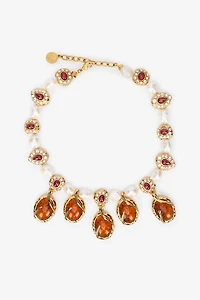 Golden Necklace With Pearls And Topaz-Effect Stones