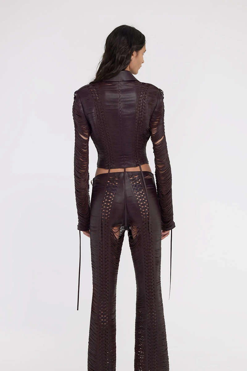 Dark Brown Woven Leather Bomber Jacket