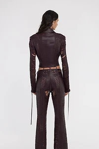 Dark Brown Woven Leather Bomber Jacket