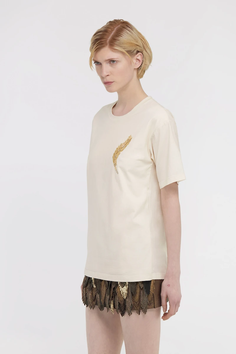 Ivory T-shirt with Feather Embroidery
