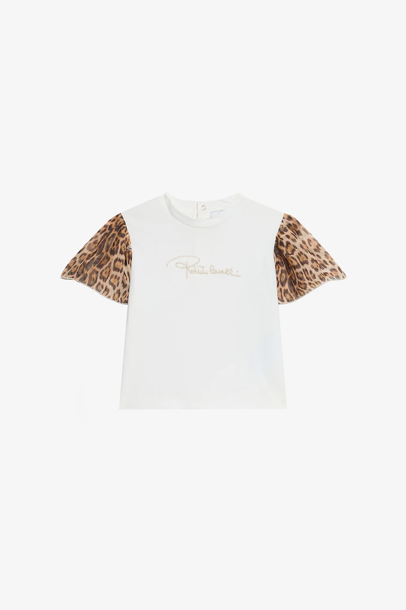 Milk White T-Shirt with Jaguar Skin Sleeves