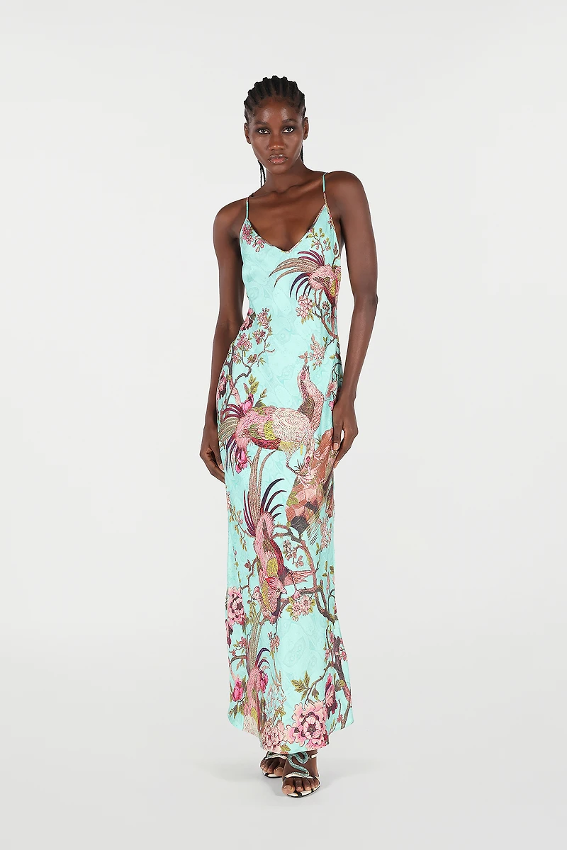 Slip Dress With Oriental Bird Print