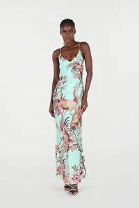 Slip Dress With Oriental Bird Print