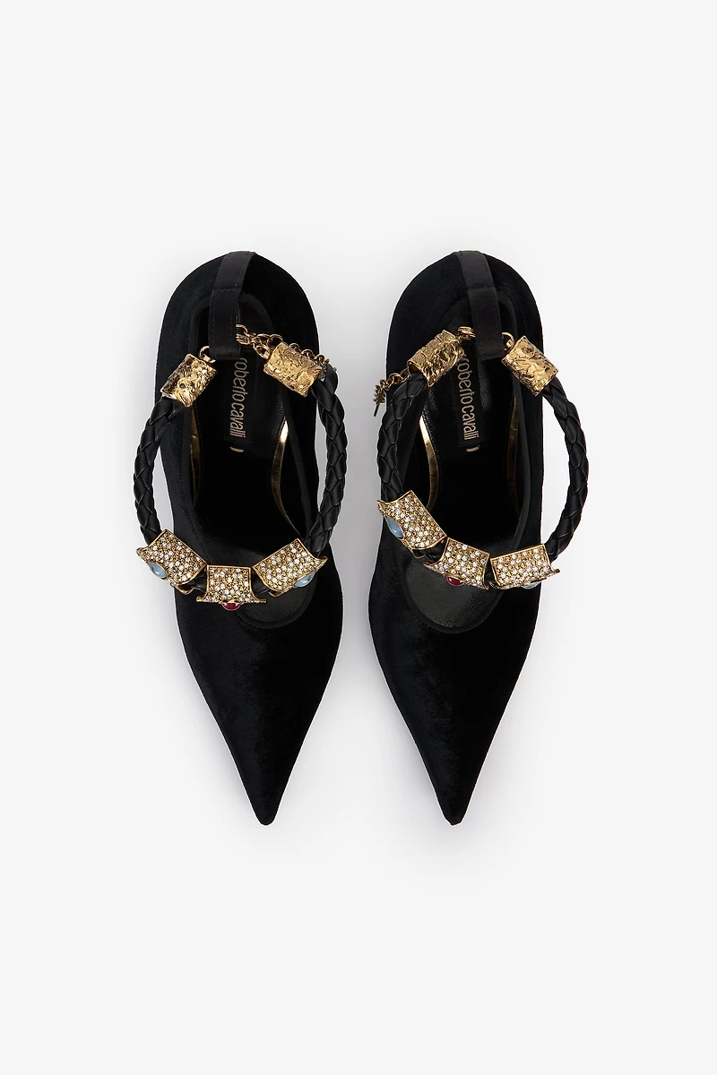 Roberto Cavalli Velvet Stiletto Heels With Jewel Anklet
