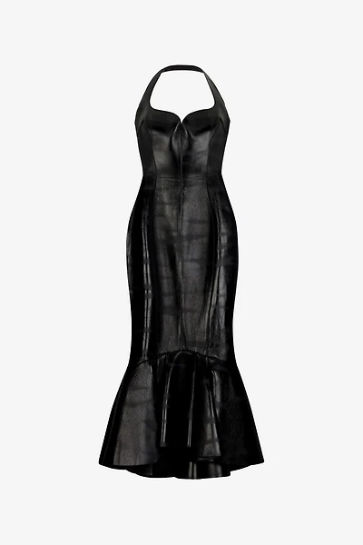 Black Genuine Leather Midi Dress