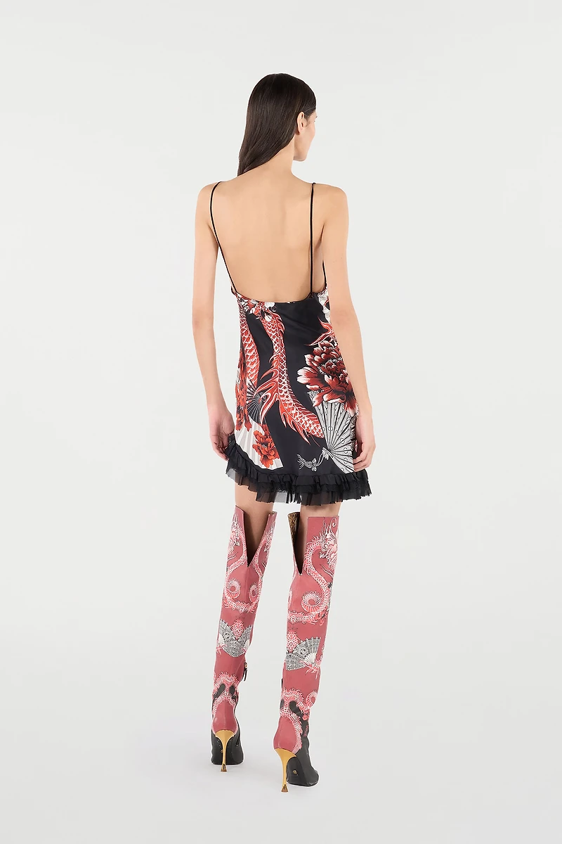 Silk Mini Dress With Dragon And Ruches