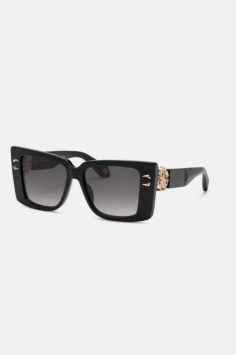 Sunglasses with wide rectangualr front with fangs