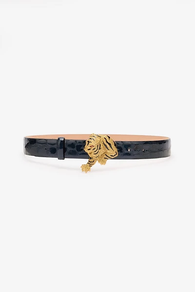 Crocodile-Effect Belt With Bejeweled Tiger