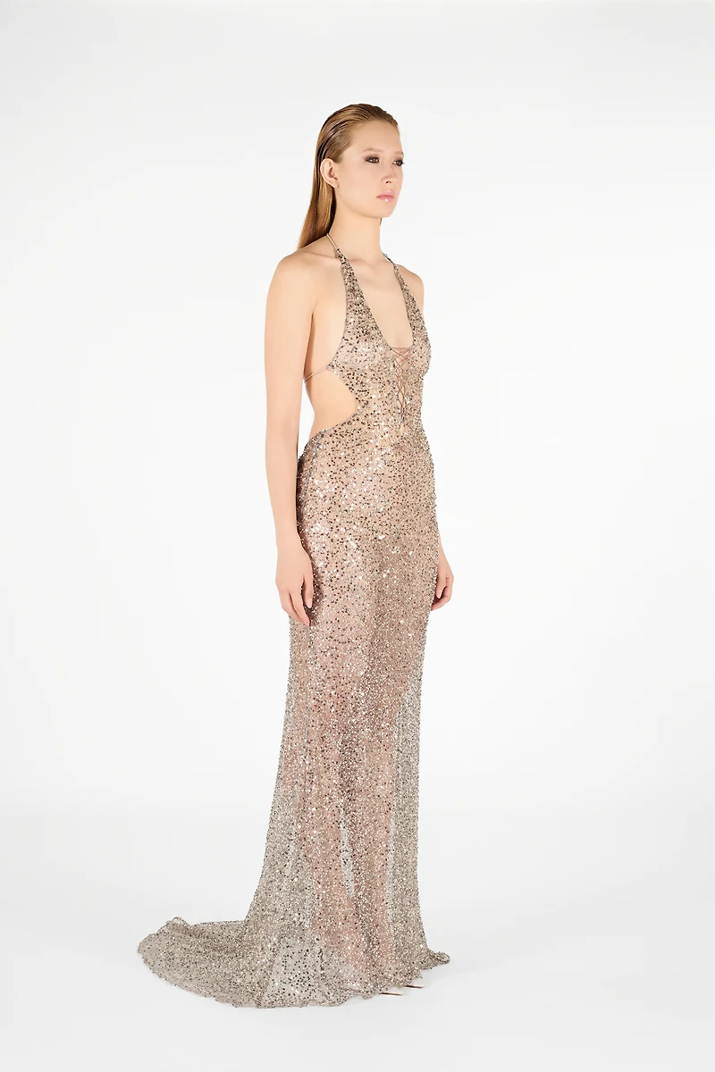 Sequin Halter Neck Maxi Dress