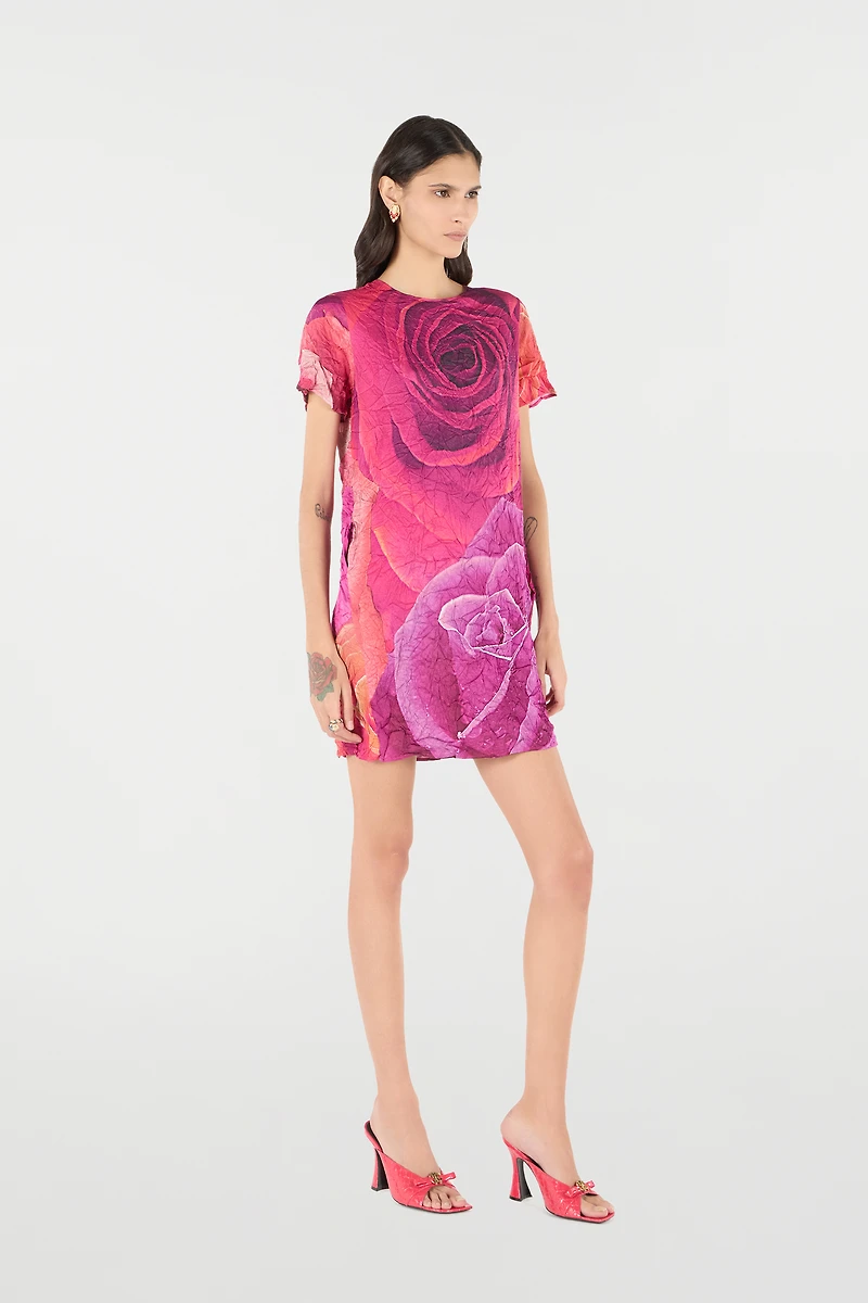 Crinkle-Effect Dress With Rose Print
