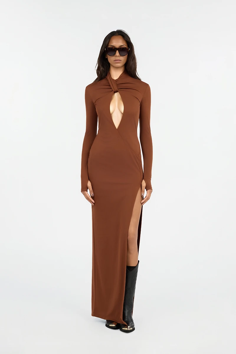 Brown Maxi Dress With Twisted Neckline